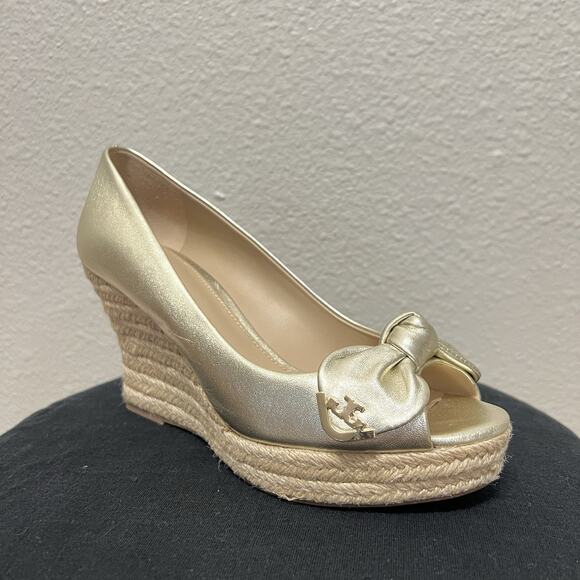 Tory Burch Dory Metallic Gold Espadrille Wedges 8.5 - Picture 1 of 6